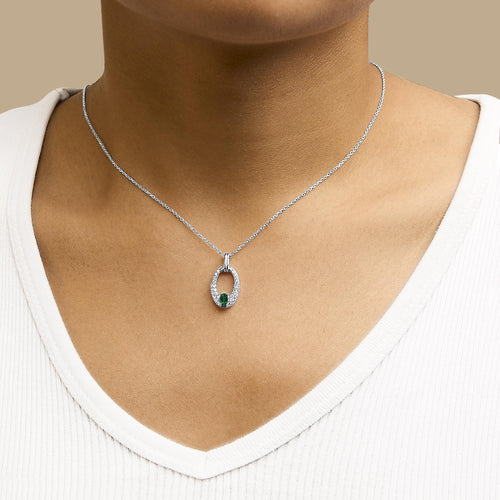 .925 Sterling Silver Created Green Emerald and White Sapphire Oval Shaped Pendant Necklace - 18" Inches-3